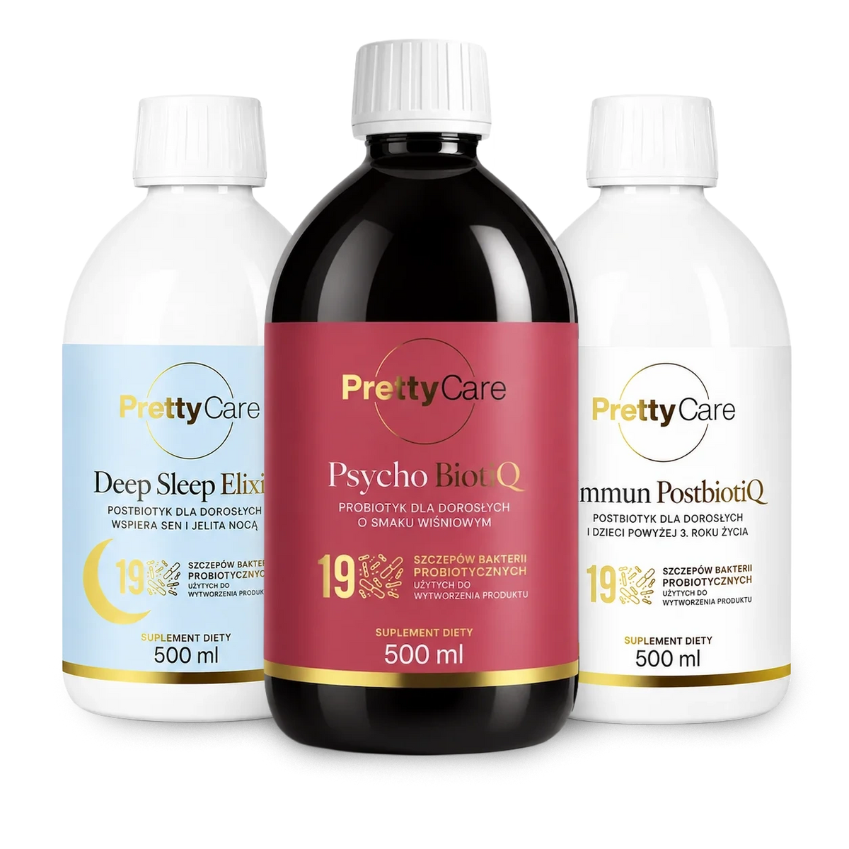 Deep Sleep Elixir, Psycho BiotiQ i Immun PostBiotiQ, 3 × 500 ml