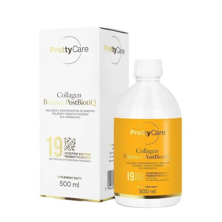 Butelka i opakowanie PrettyCare Collagen Balance PostBiotiQ 500 ml, widok z przodu
